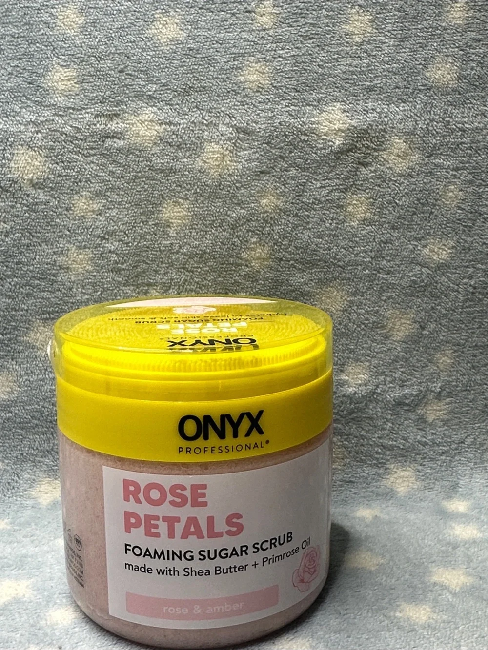 ONYX Rose Petals Foaming Sugar Scrub — Yellow Lid, Pink Scrub